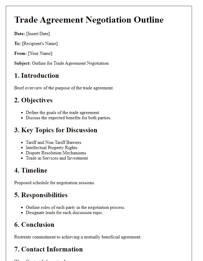 Letter template of a trade agreement negotiation outline