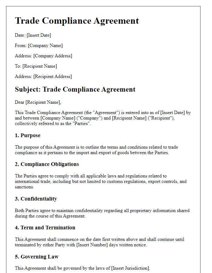 Letter template of a trade compliance agreement