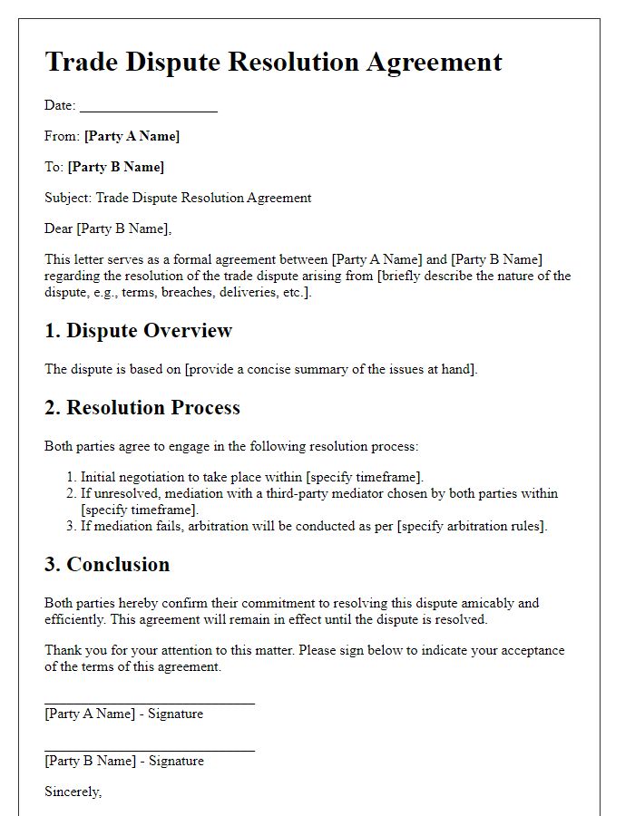 Letter template of a trade dispute resolution agreement