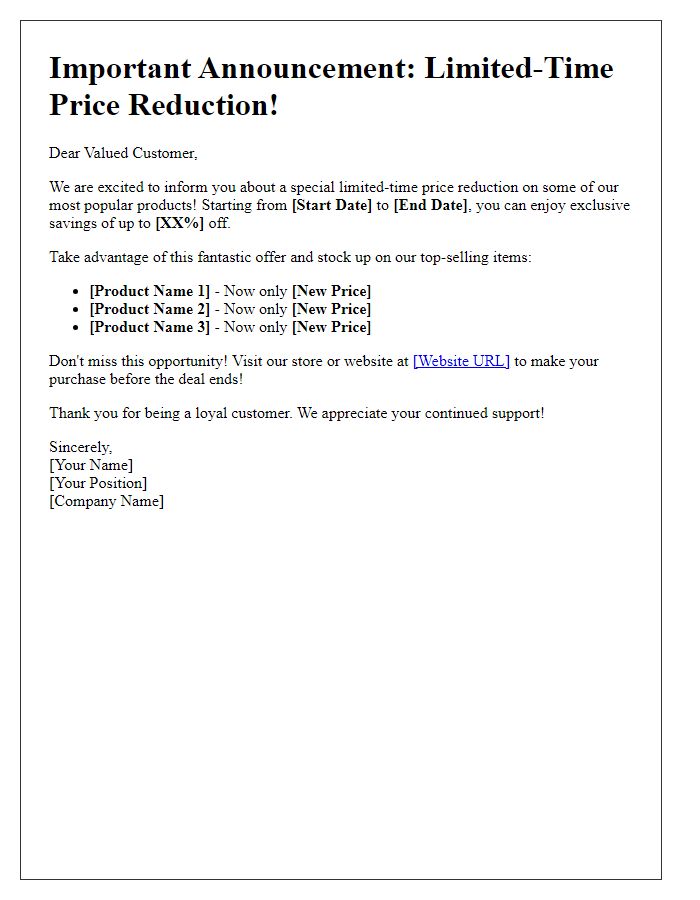 Letter template of Limited-Time Retail Price Reduction