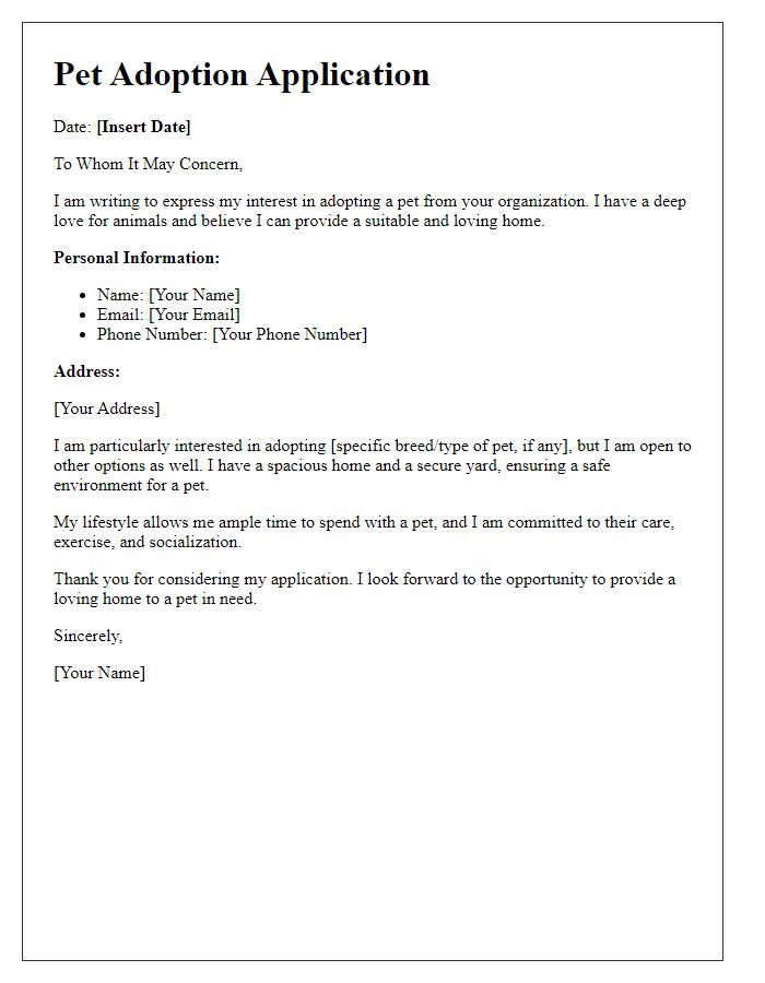 Letter template of application for pet adoption