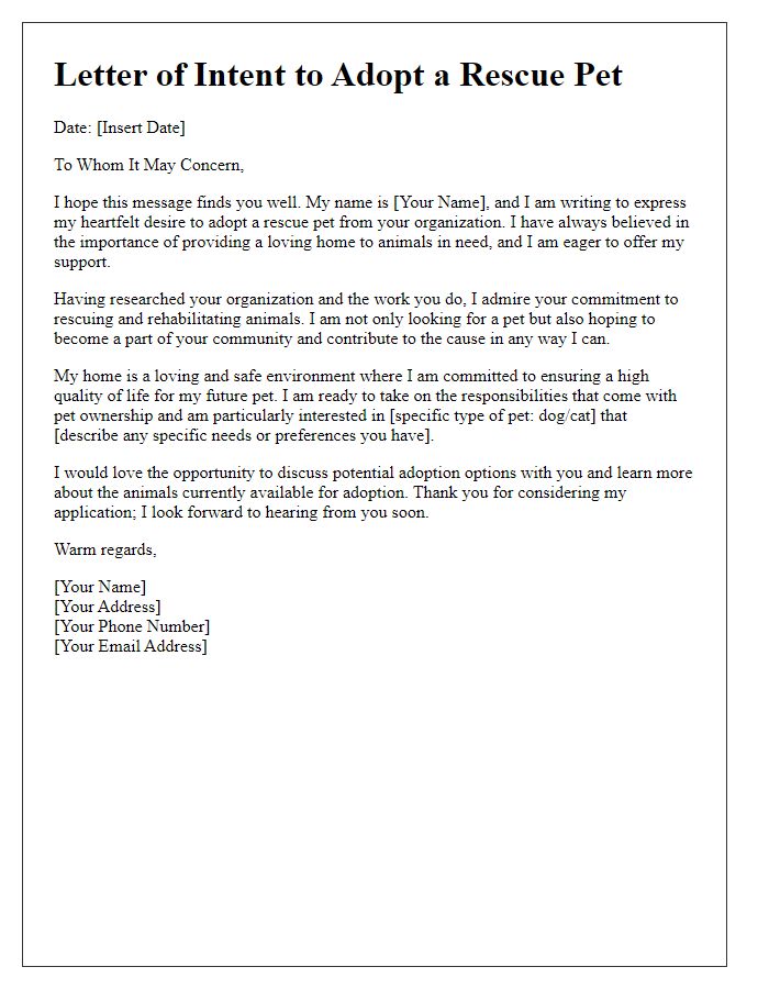 Letter template of expressing desire to adopt a rescue pet