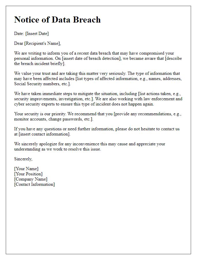 Letter template of breach of confidential data announcement