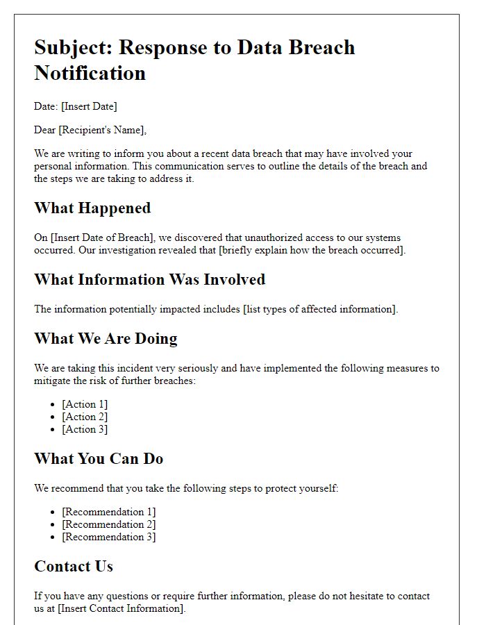 Letter template of breach response communication