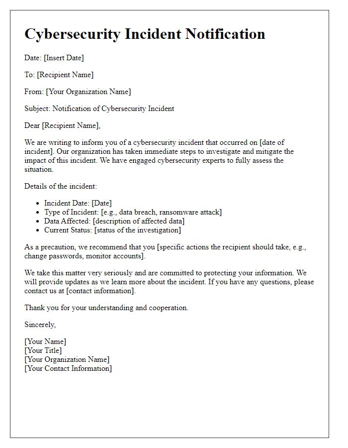Letter template of cybersecurity incident notification