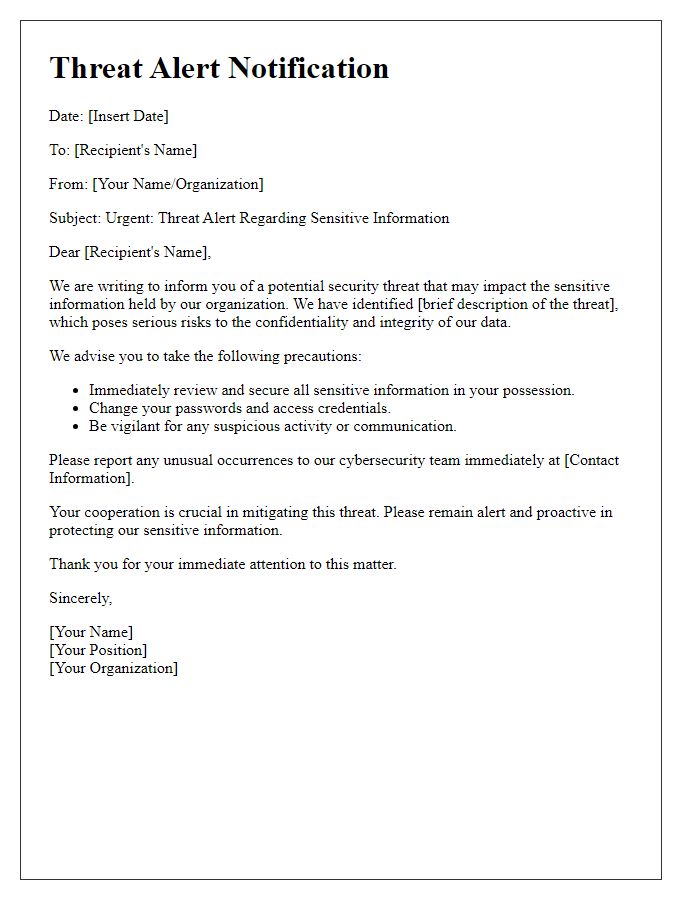 Letter template of threat alert for sensitive information