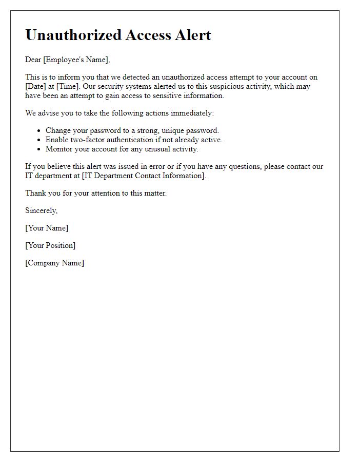 Letter template of unauthorized access alert