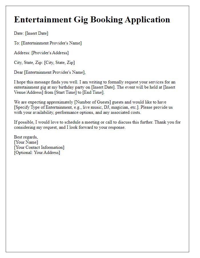 Letter template of entertainment gig booking application for a birthday party.