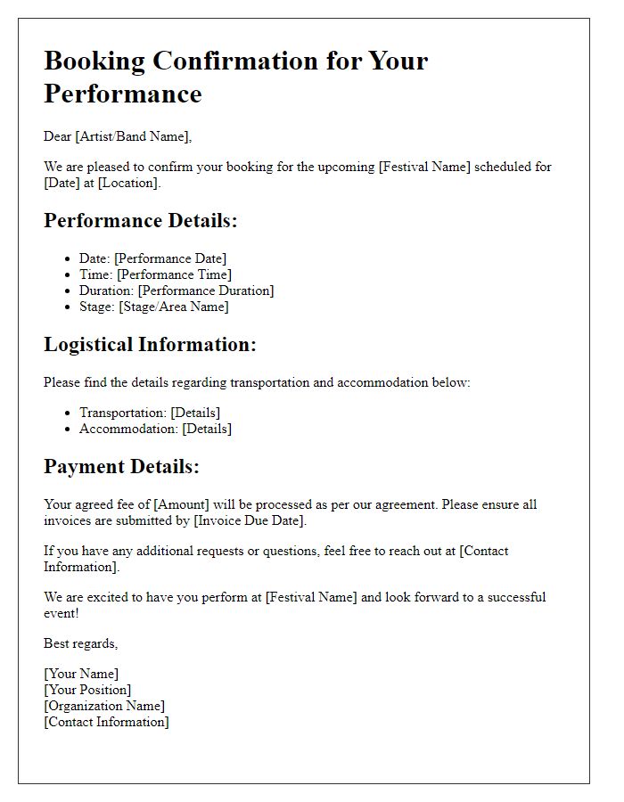 Letter template of entertainment gig booking confirmation for a festival.