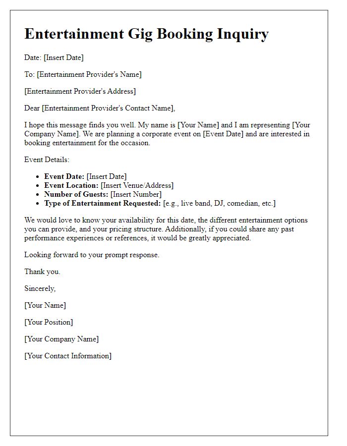 Letter template of entertainment gig booking inquiry for a corporate event.