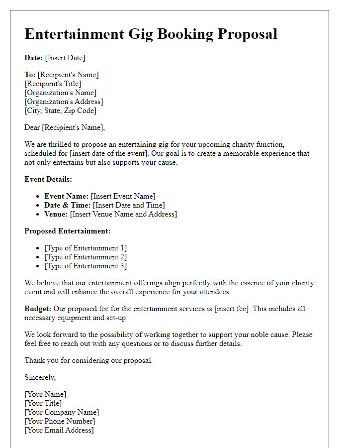 Letter template of entertainment gig booking proposal for a charity function.