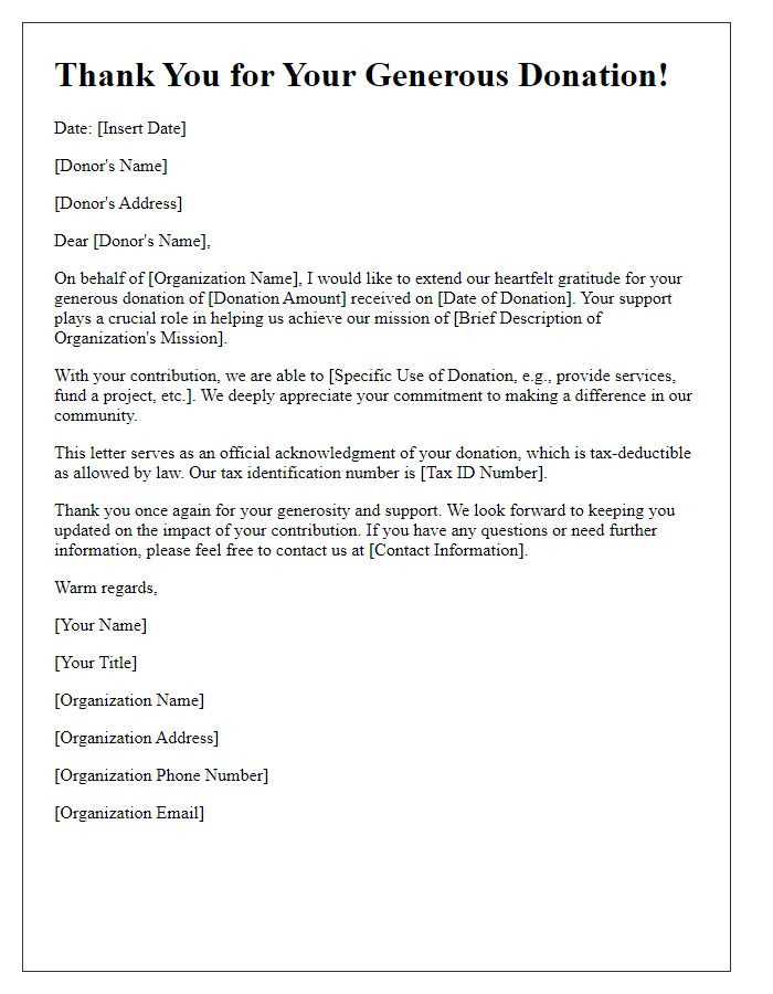 Letter template of acknowledgment for charitable donations received.