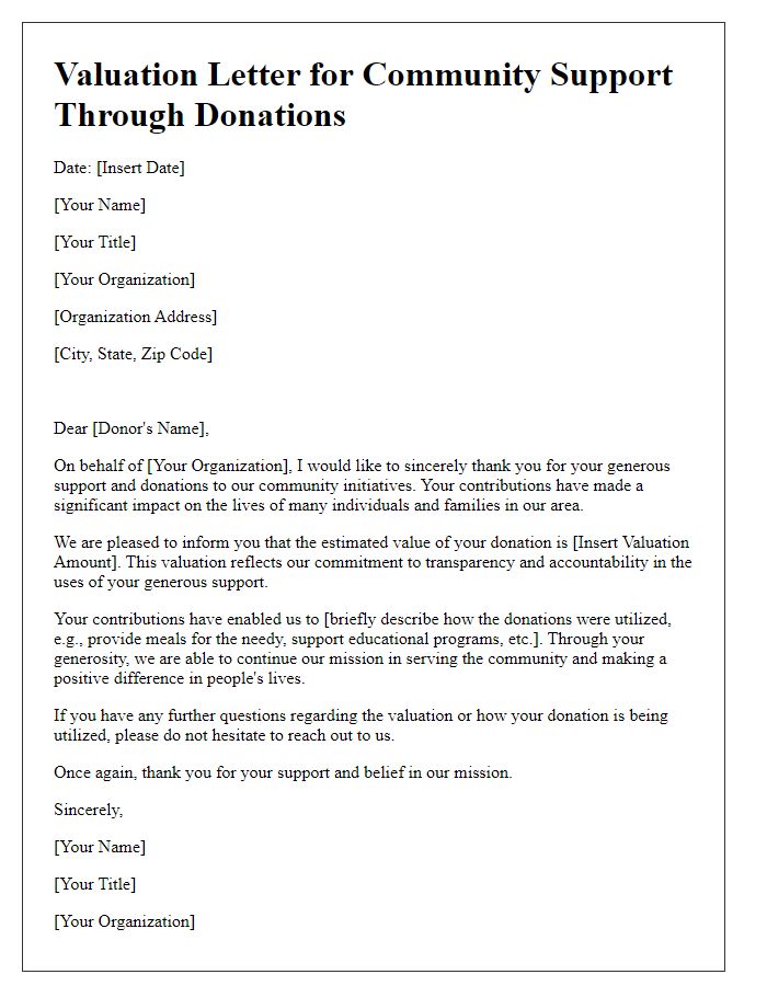 Letter template of valuation for community support through donations.