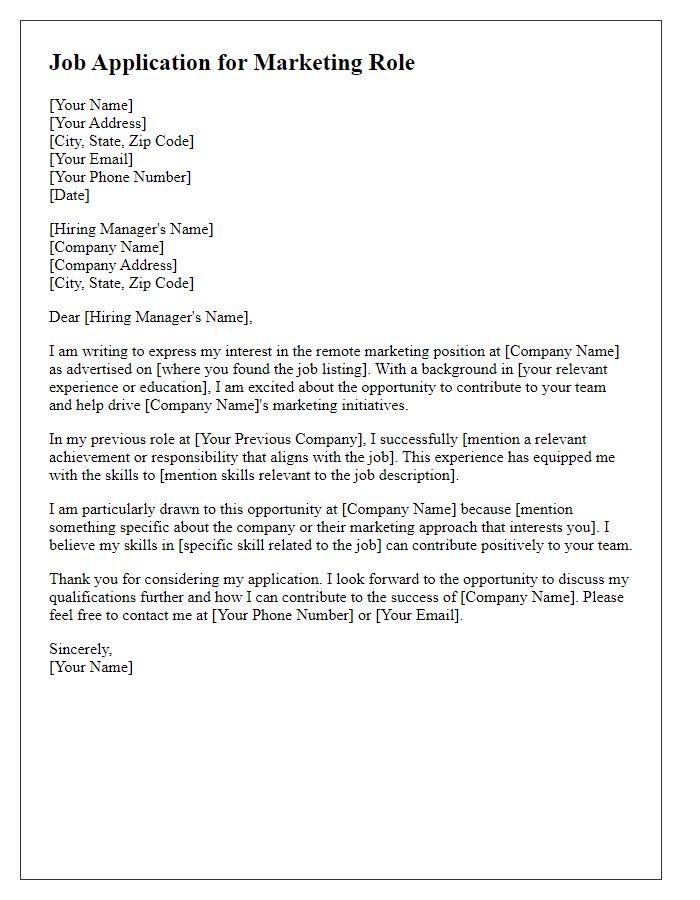 Letter template of remote job application for marketing roles