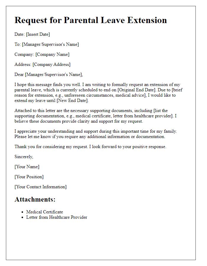 Letter template of parental leave extension with supporting documentation.