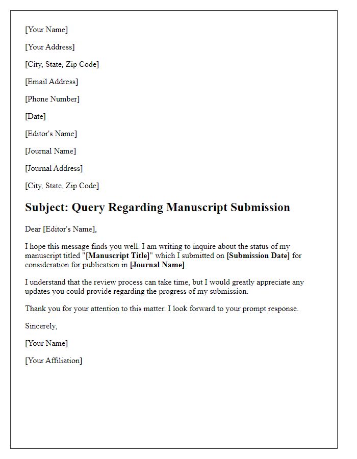 Letter template of submission query for manuscript publication