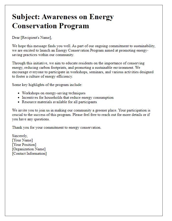 Letter template of energy conservation program awareness