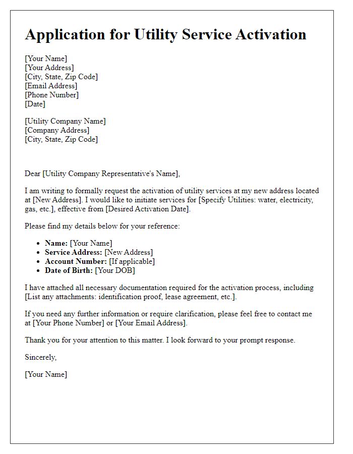 Letter template of application for utility service activation