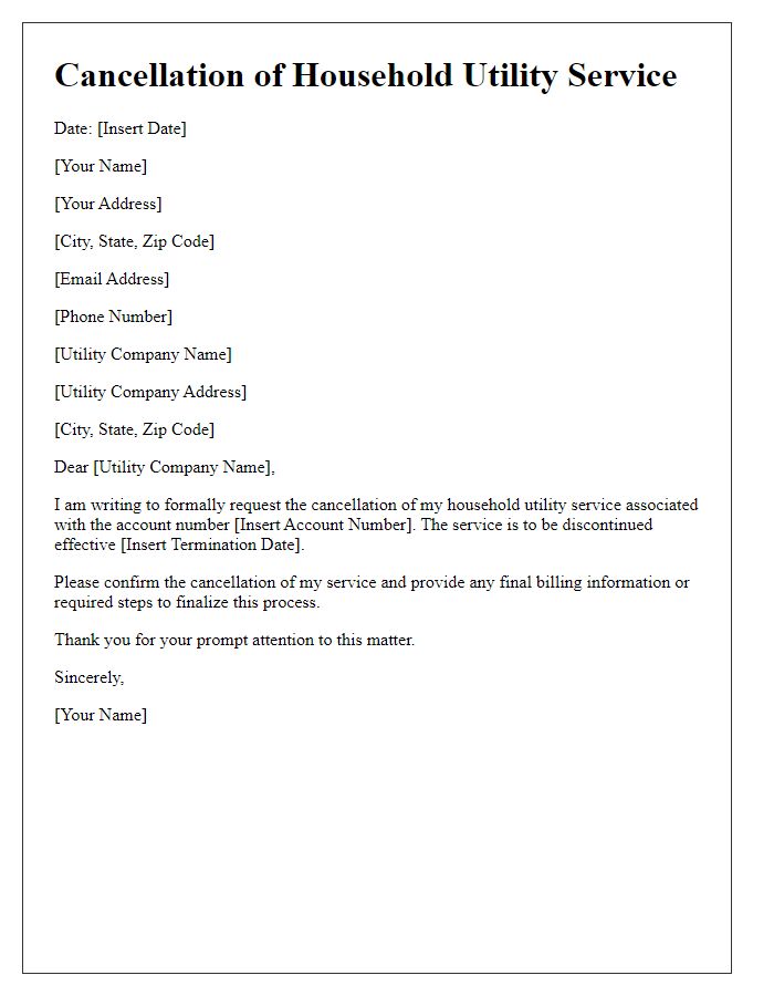 Letter template of cancellation for household utility service