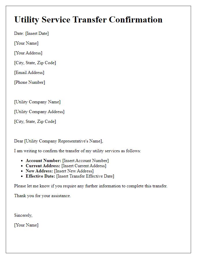 Letter template of confirmation for utility service transfer