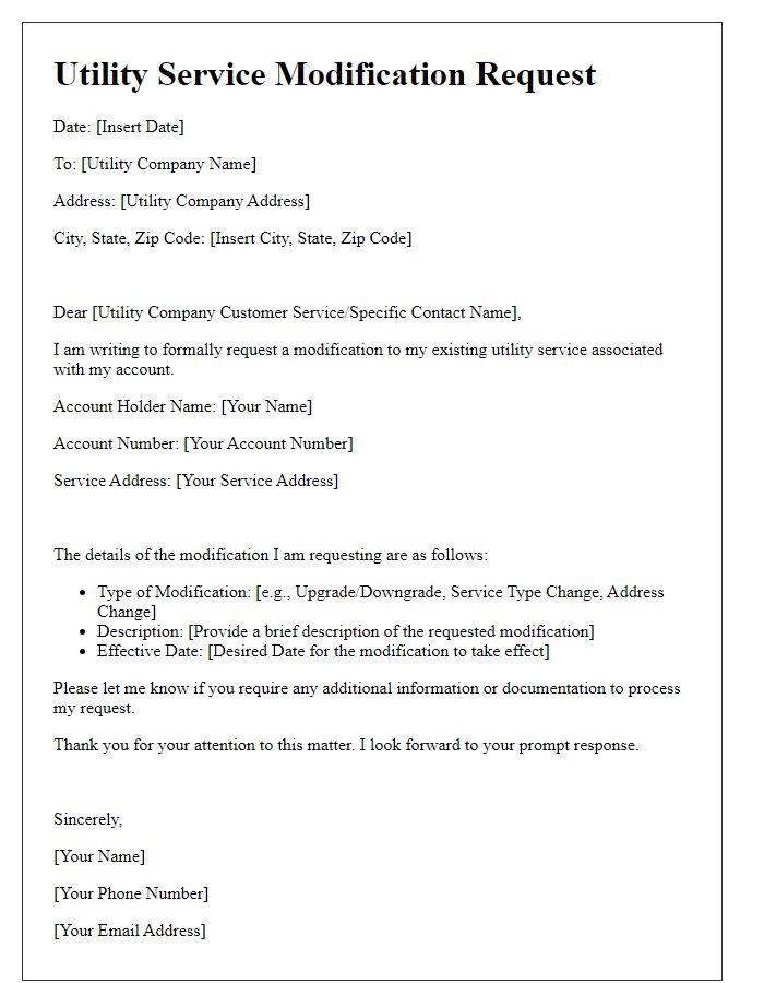 Letter template of modification for existing utility service