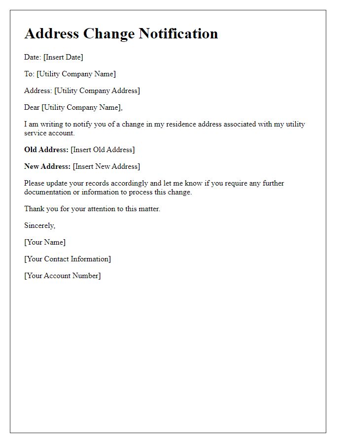 Letter template of notification for address change in utility service