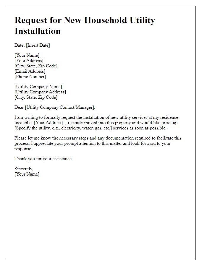 Letter template of request for new household utility installation