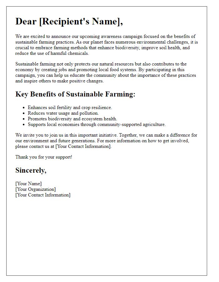 Letter template of awareness campaign for sustainable farming benefits