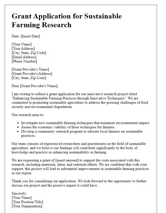 Letter template of grant application for sustainable farming research