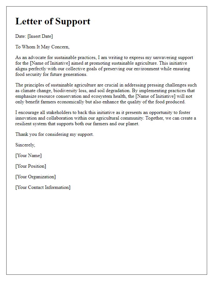 Letter template of support for a sustainable agriculture initiative