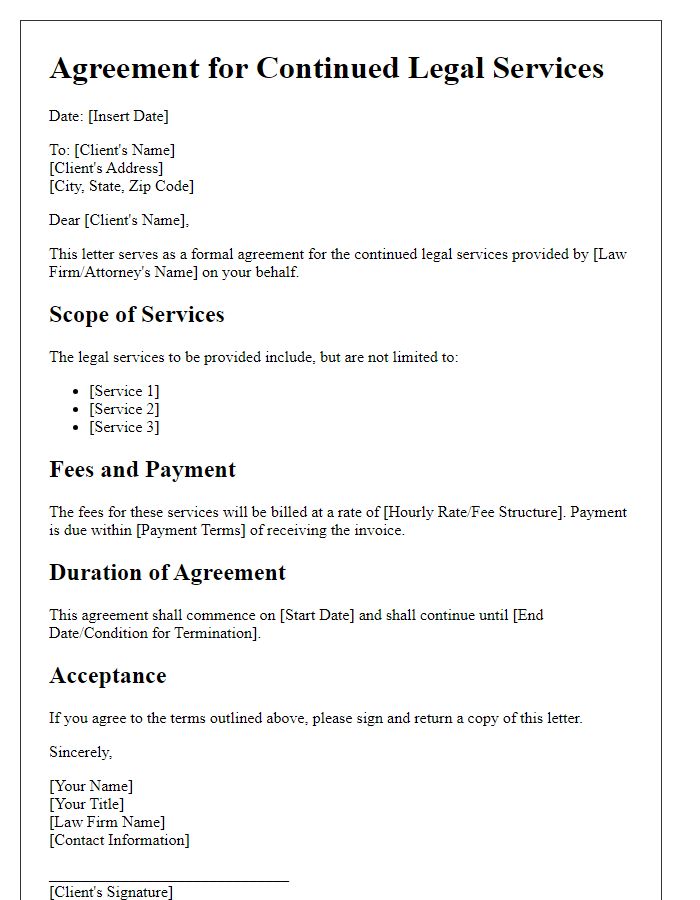 Letter template of Agreement for Continued Legal Services