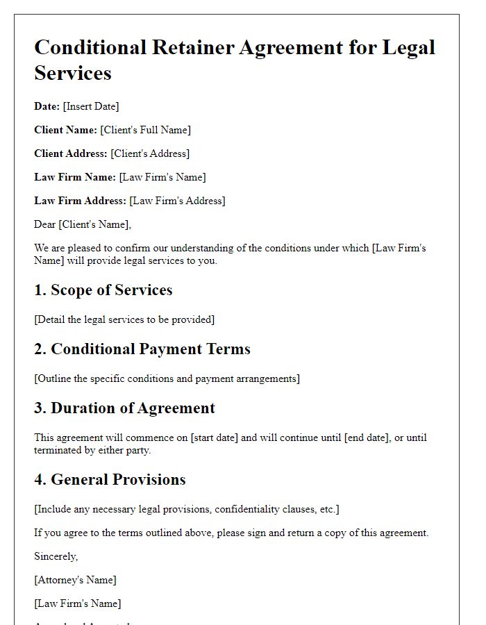 Letter template of Conditional Retainer Agreement for Legal Services