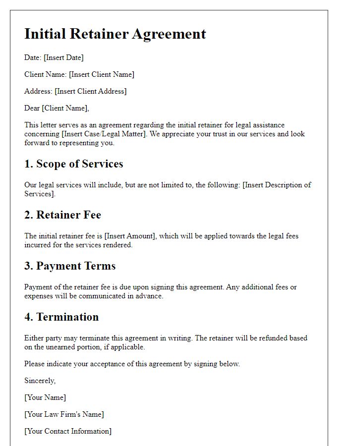 Letter template of Initial Retainer for Legal Assistance