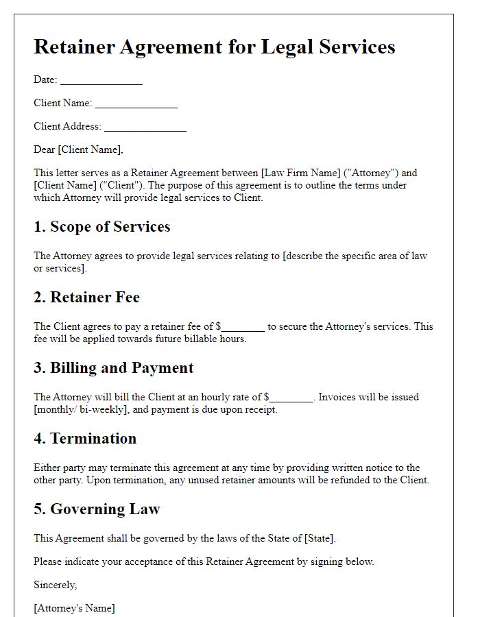 Letter template of Retainer Agreement for Legal Services