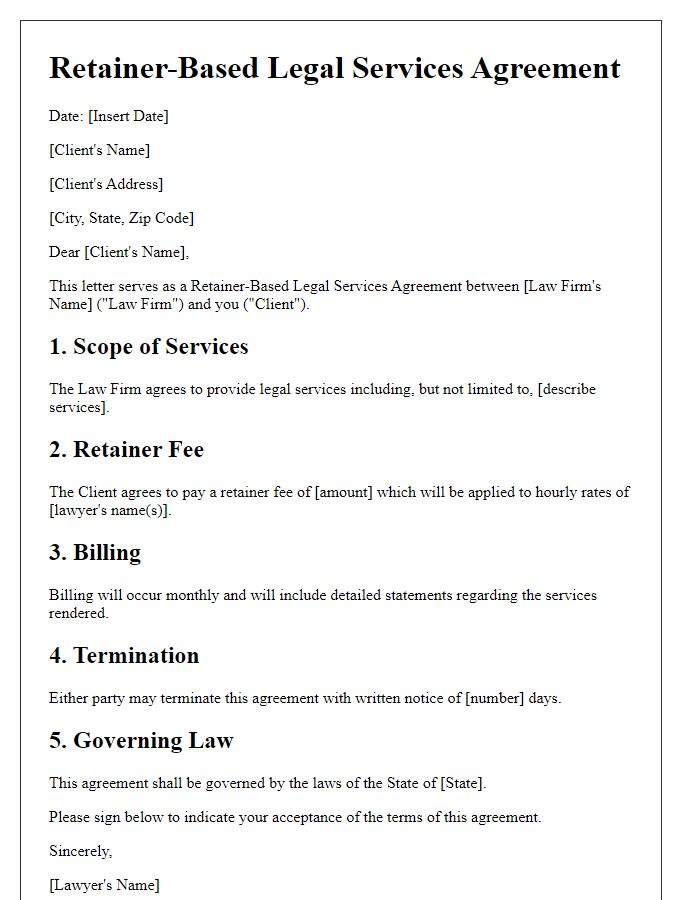 Letter template of Retainer-Based Legal Services Agreement