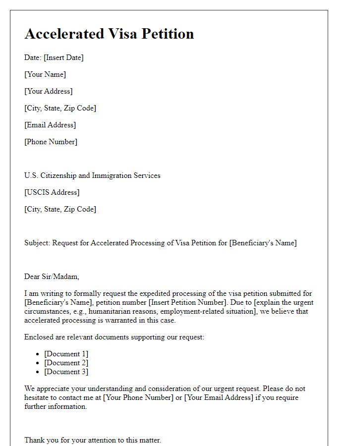 Letter template of accelerated visa petition