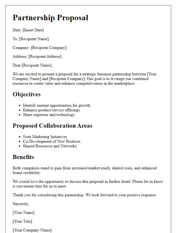 Letter template of a strategic business partnership proposal