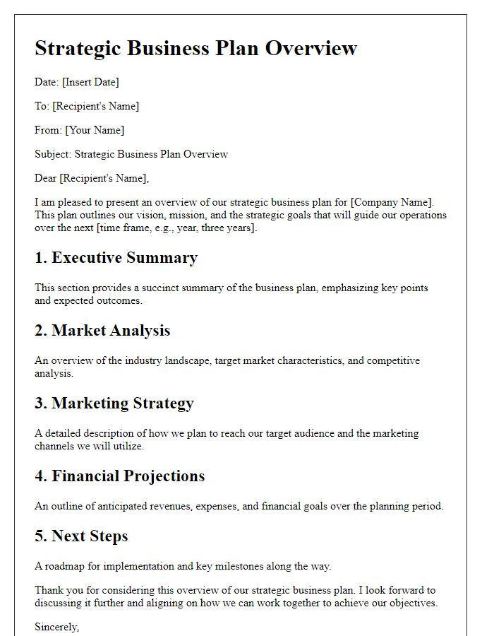 Letter template of a strategic business plan overview