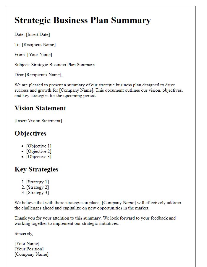 Letter template of a strategic business plan summary