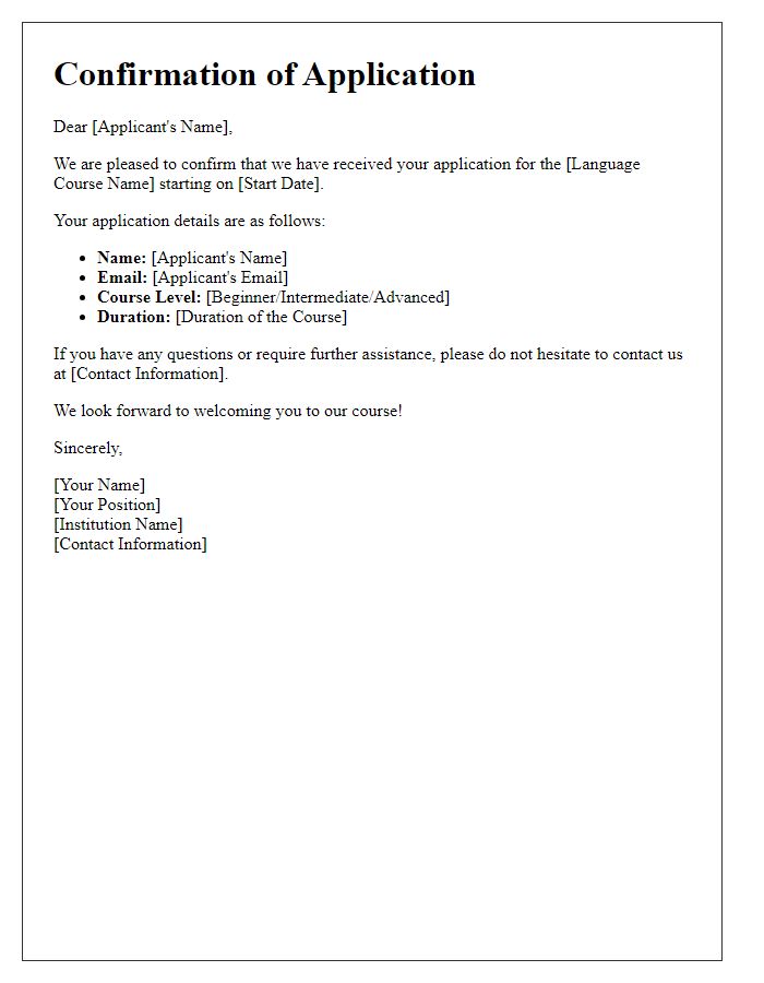 Letter template of confirmation for language course application