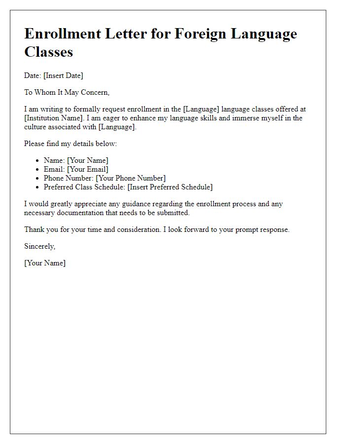 Letter template of enrollment in foreign language classes