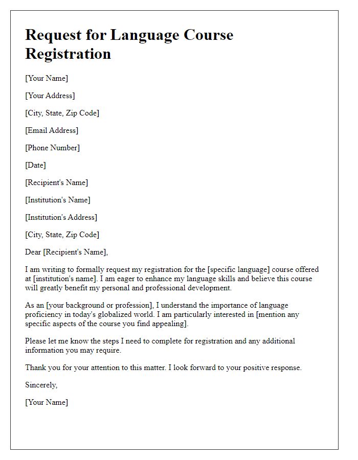 Letter template of request for language course registration