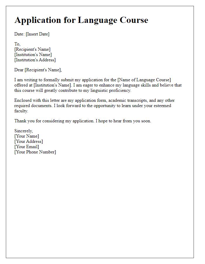 Letter template of submission for language course application