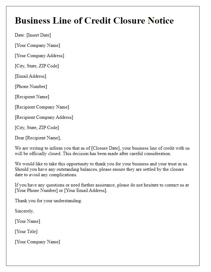 Letter template of business line of credit closure notice.