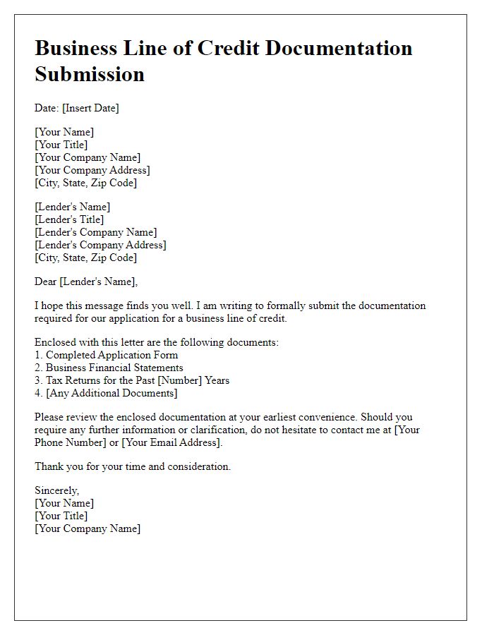 Letter template of business line of credit documentation submission.