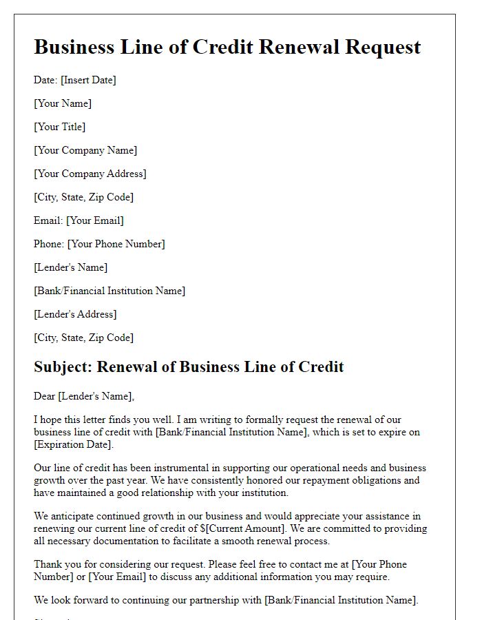 Letter template of business line of credit renewal.