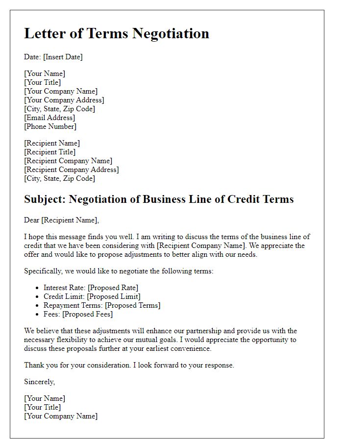 Letter template of business line of credit terms negotiation.