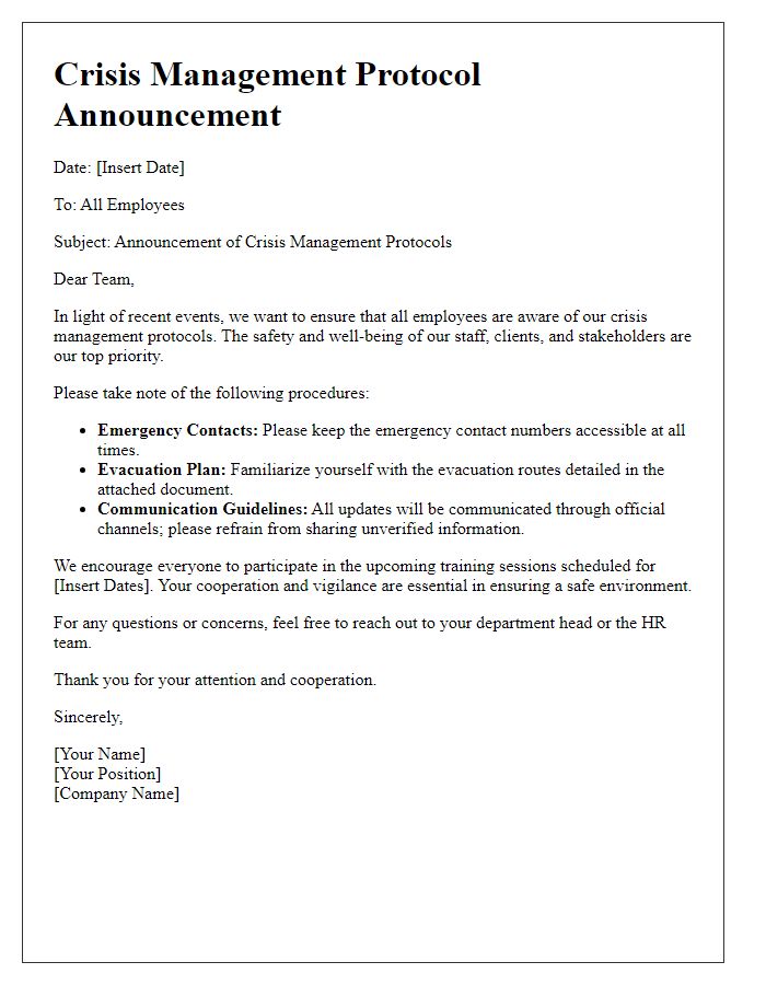 Letter template of crisis management protocol announcement