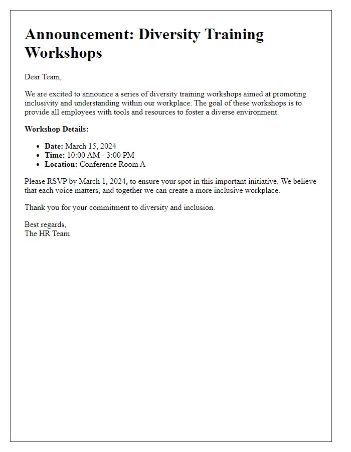 Letter template of announcement for diversity training workshops