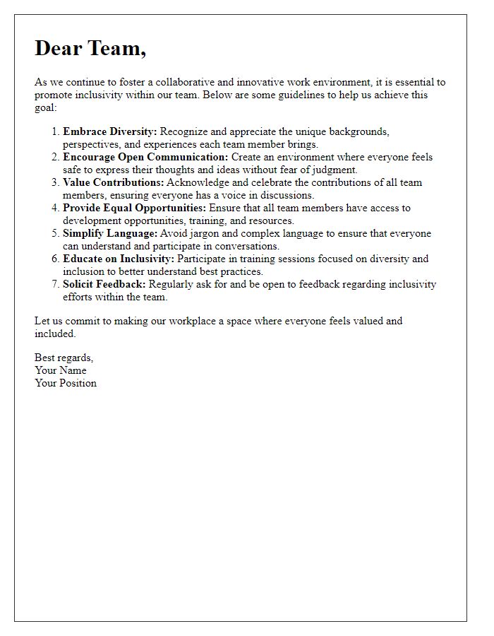 Letter template of guidelines for promoting inclusivity in teams